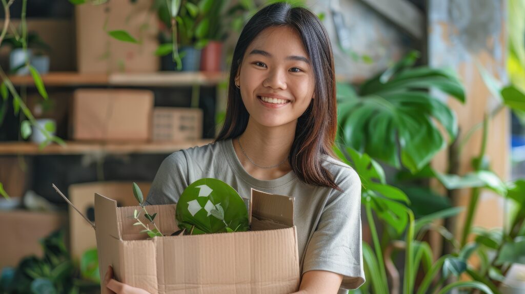 consumer behavior in online shopping: wooman holding box full of plants smiling, sustainability.